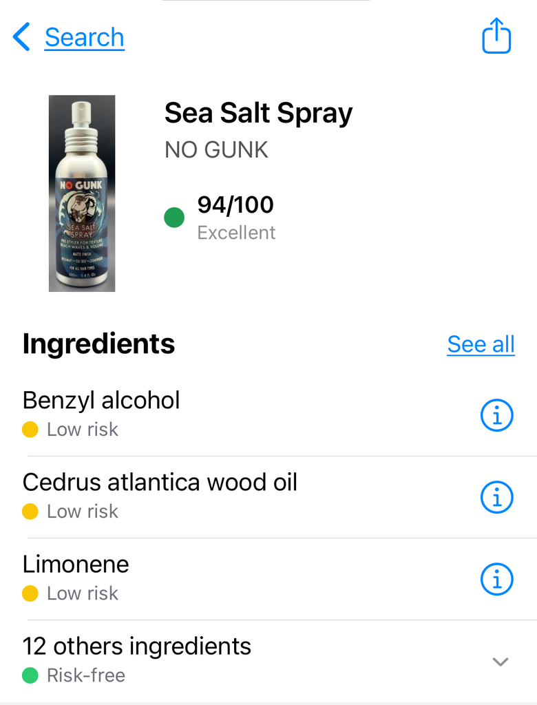 NO GUNK Sea Salt Spray natural men’s hair texturizing spray with 94 Yuka score